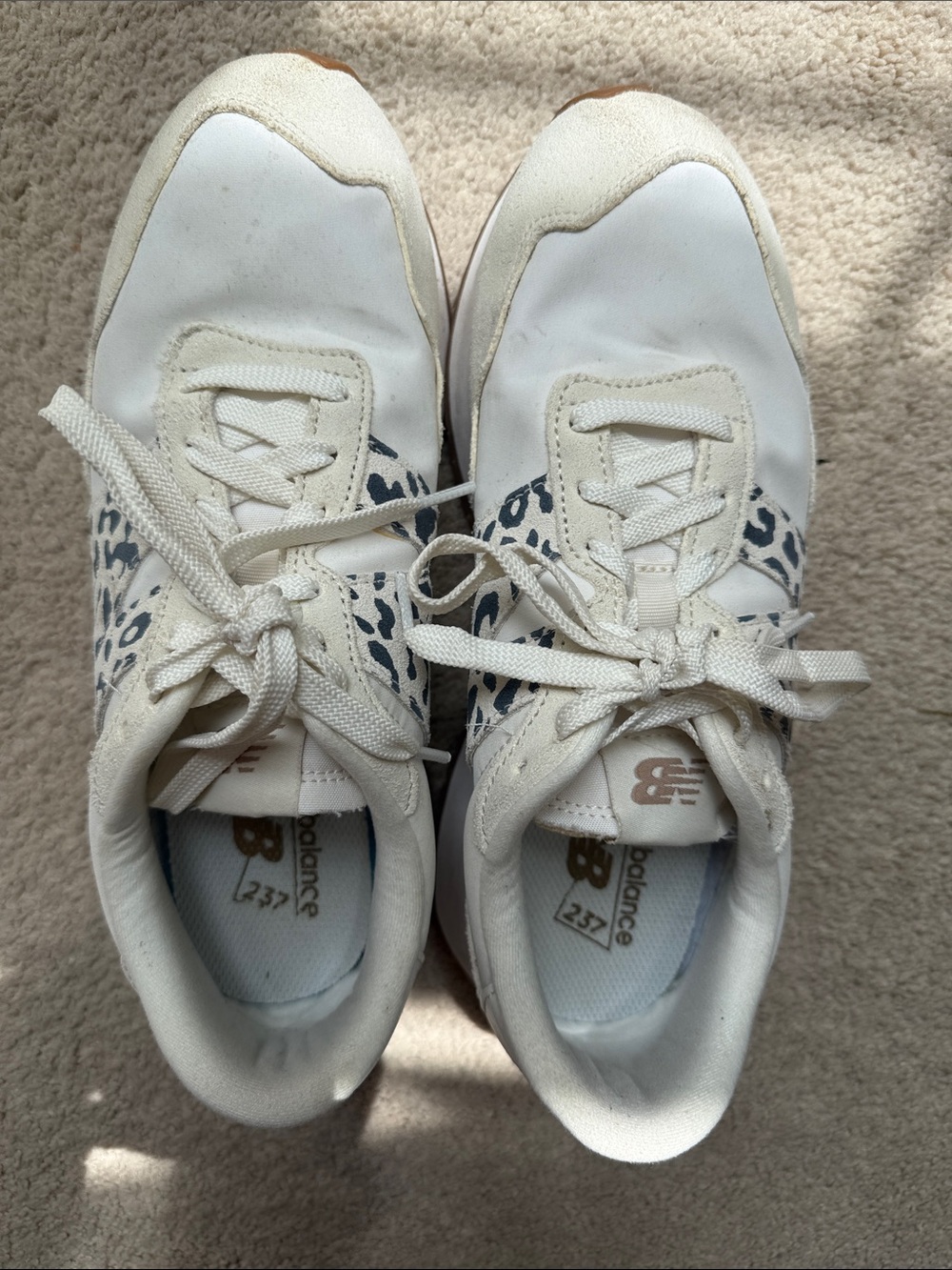 New Balance 237 White Sneakers with Gray Leopard Pattern and Gum Sole - Picture 4 of 5